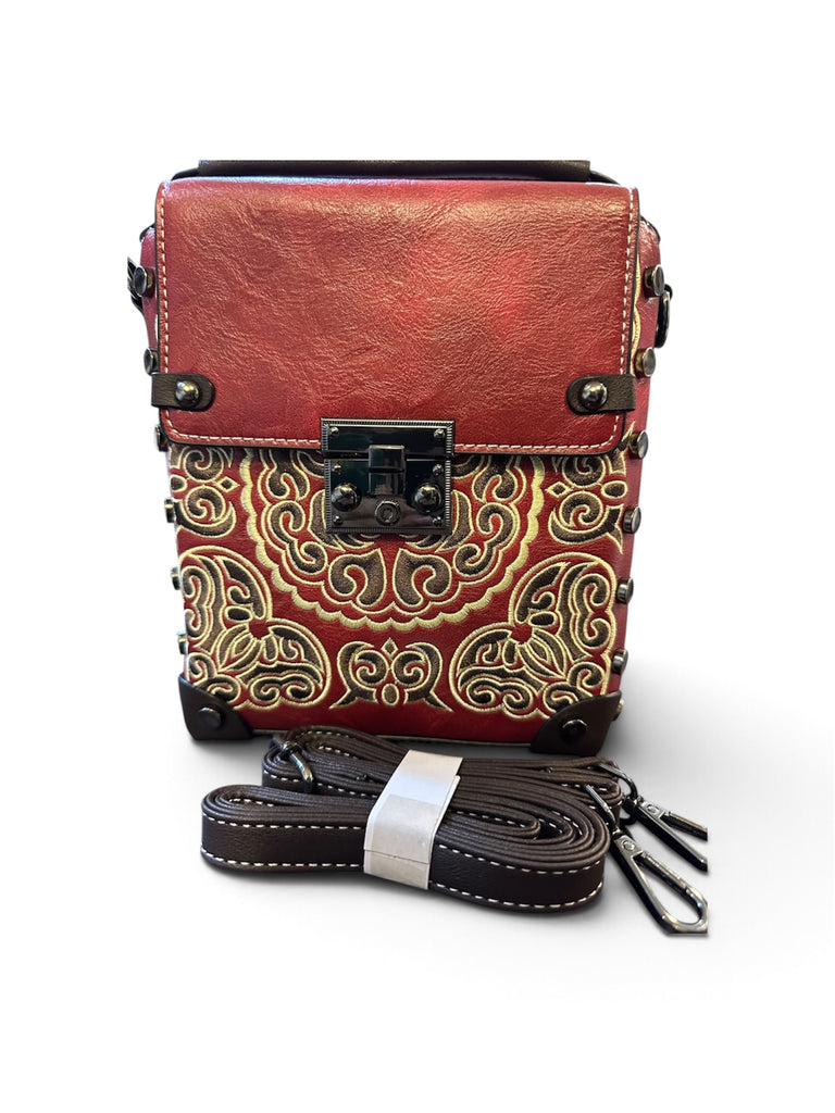 Luxury Embroidered Mini Crossbody Bag – Red & Gold