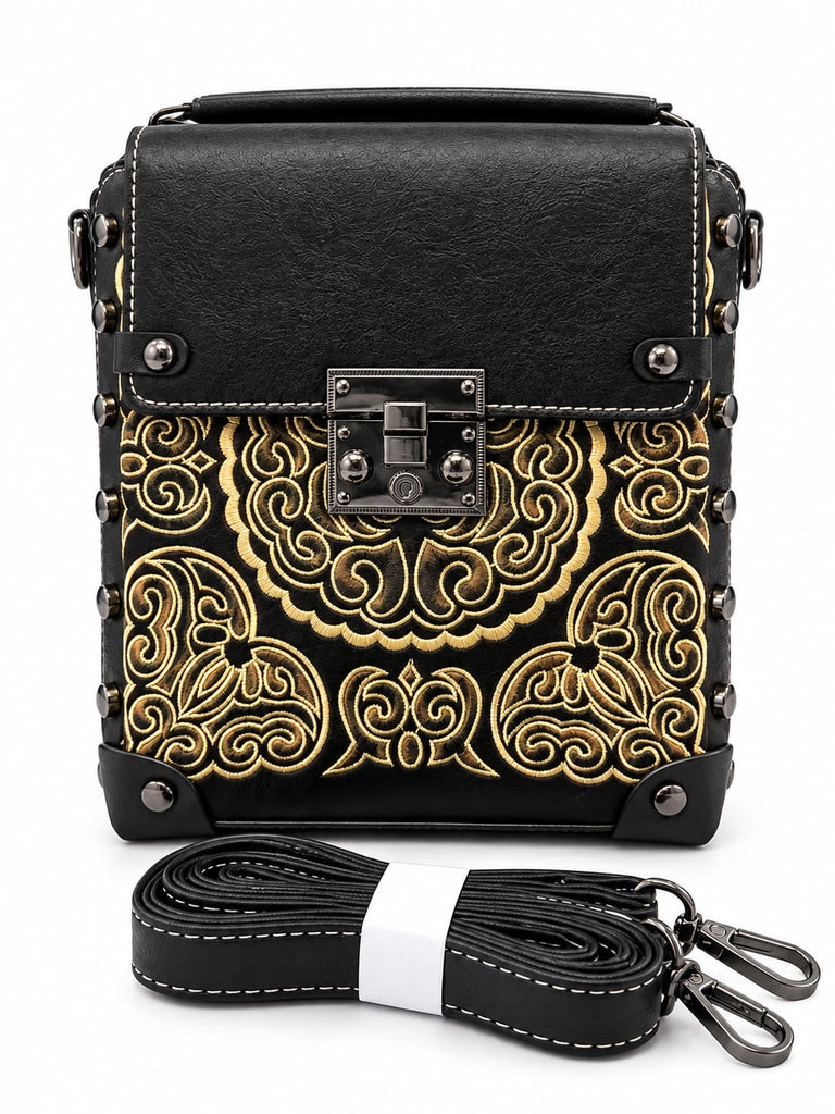 Luxury Embroidered Mini Crossbody Bag – Black & Gold