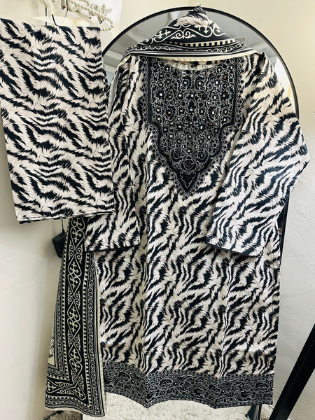 Black & White Embroidered Zebra Print 3-Piece