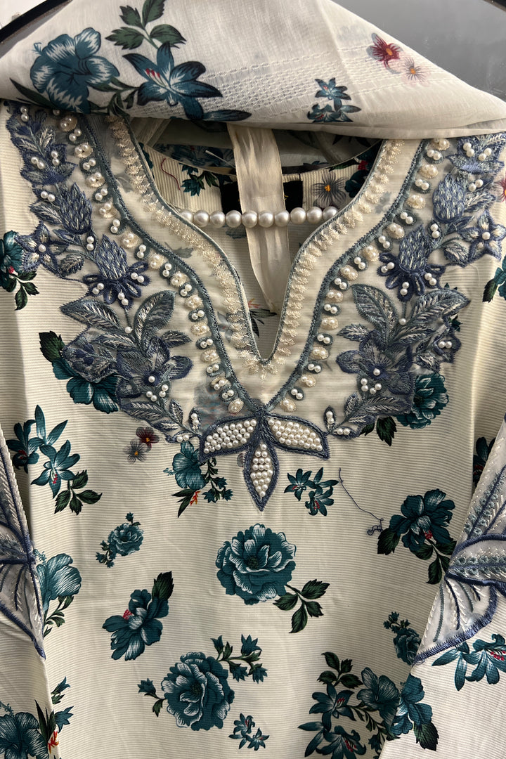 Blue Leaf Embroidered 3-Piece Khaddar Set