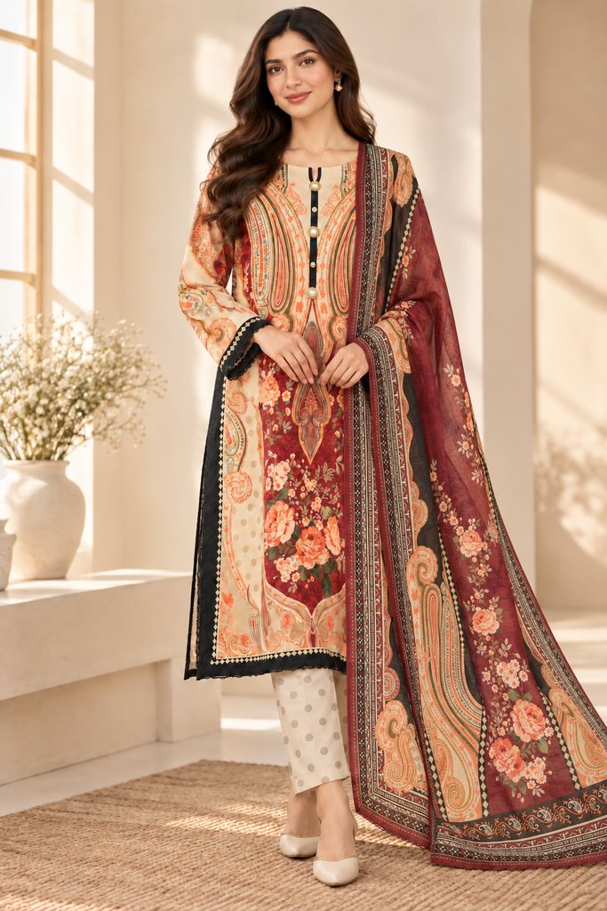 Khadar Silk 3-Piece Suit with Golden Gota Detail