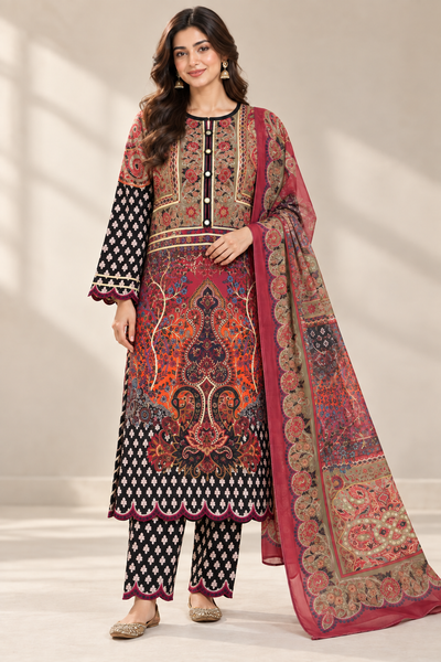 Burgundy & Black Silk Khaddar 3-Piece Suit | Golden Gota Detail
