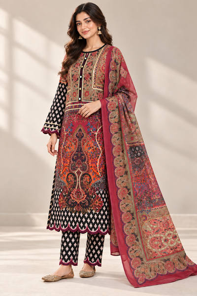 Burgundy & Black Silk Khaddar 3-Piece Suit | Golden Gota Detail