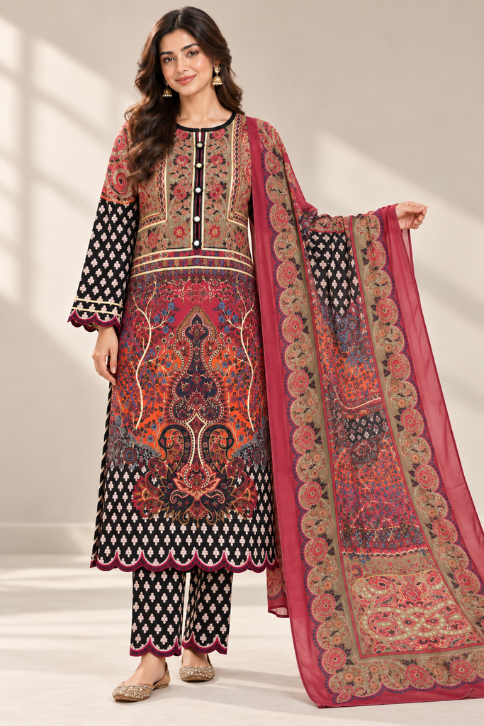 Burgundy & Black Silk Khaddar 3-Piece Suit | Golden Gota Detail
