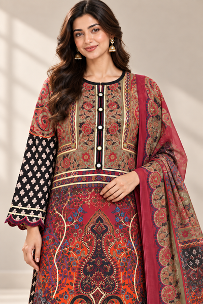 Burgundy & Black Silk Khaddar 3-Piece Suit | Golden Gota Detail