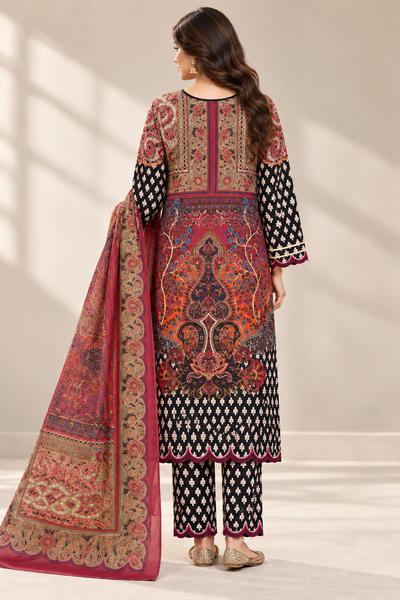 Burgundy & Black Silk Khaddar 3-Piece Suit | Golden Gota Detail