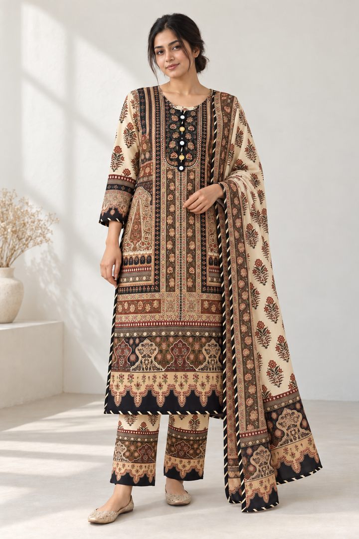 Title: Ivory & Black Silk Khaddar 3-Piece Suit with Golden Gota