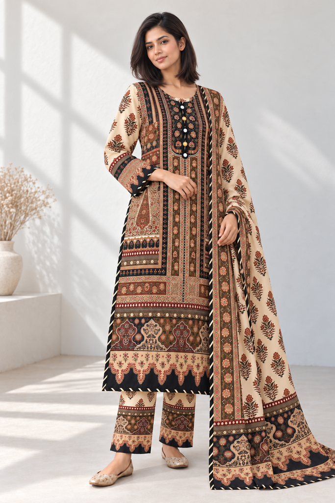 Title: Ivory & Black Silk Khaddar 3-Piece Suit with Golden Gota