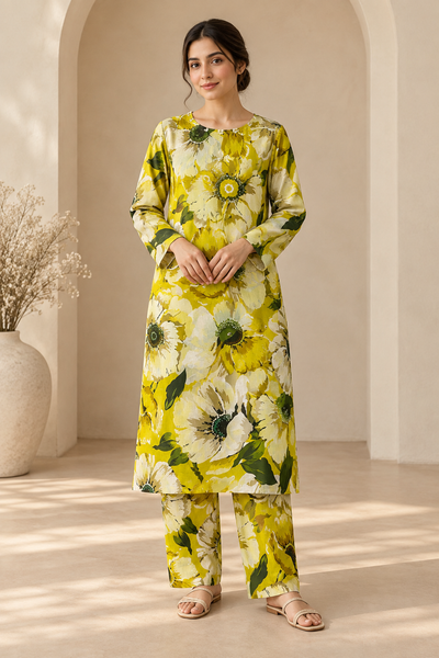 khadar Yellow Bloom Floral 2-Piece Suit with Pearl Neckline