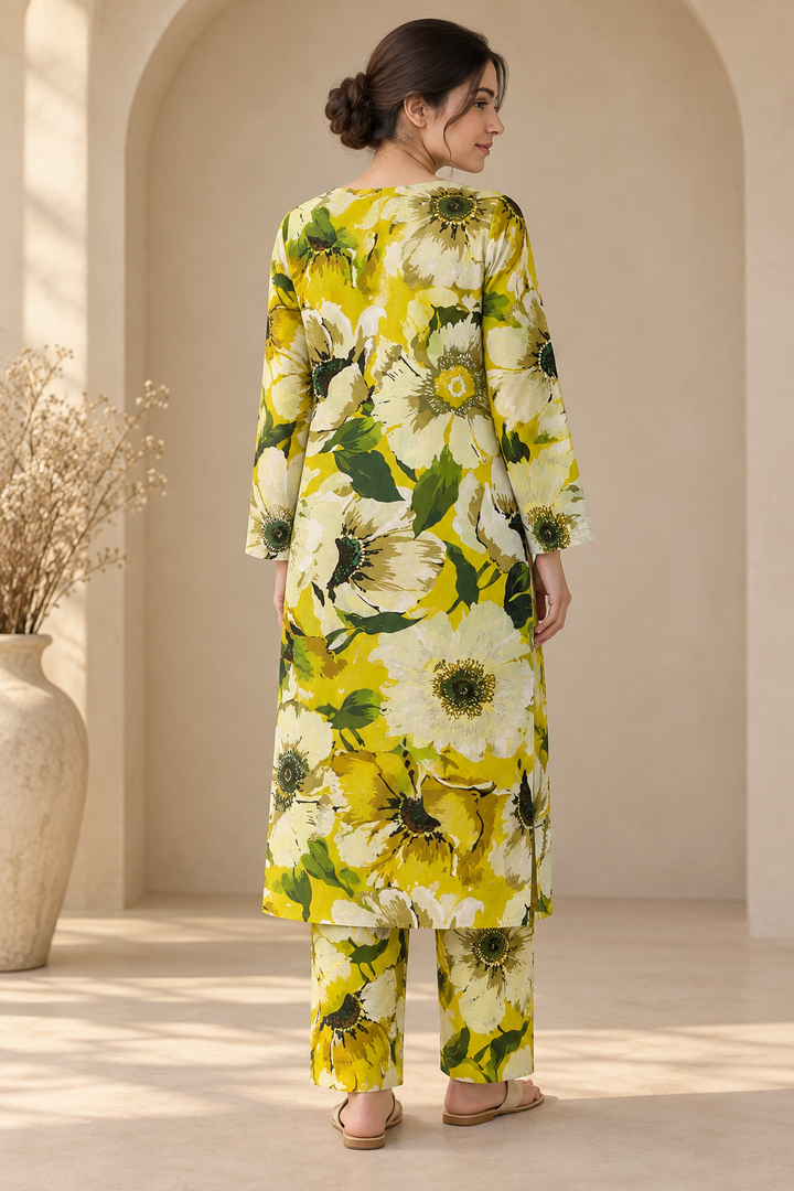 khadar Yellow Bloom Floral 2-Piece Suit with Pearl Neckline