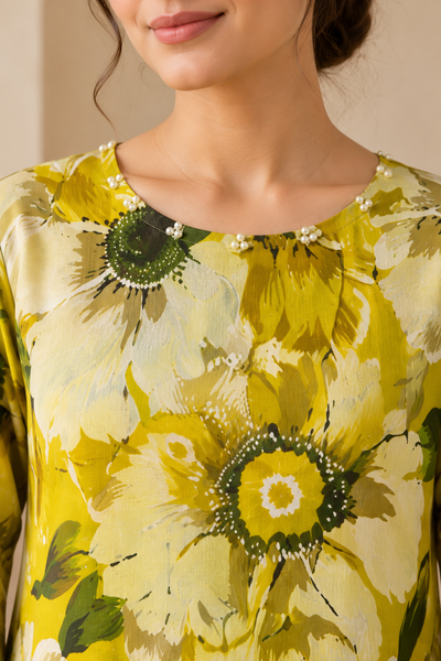 khadar Yellow Bloom Floral 2-Piece Suit with Pearl Neckline