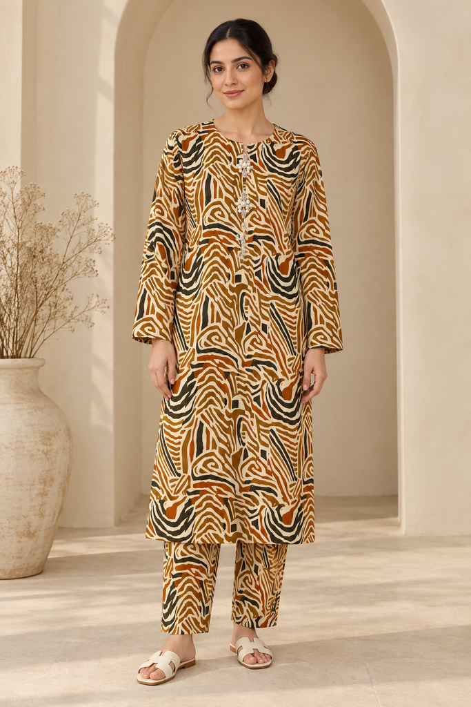 Caramel Zebra Print Khaddar 2-Piece Suit with Pearl Detailing