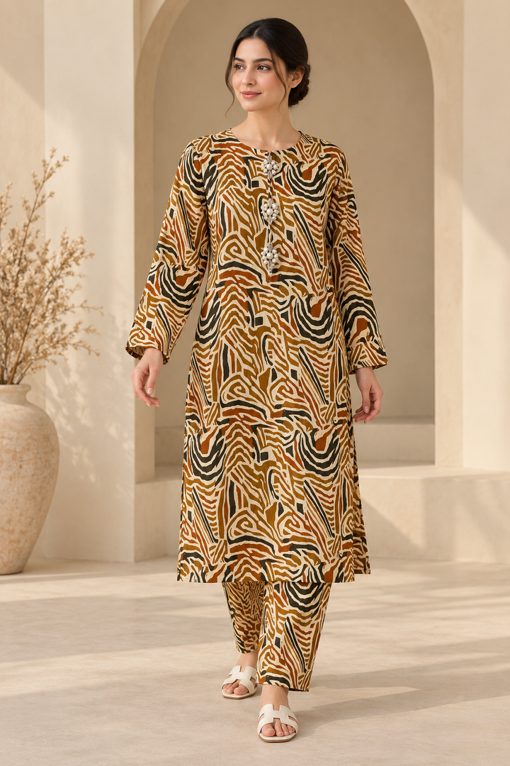 Caramel Zebra Print Khaddar 2-Piece Suit with Pearl Detailing