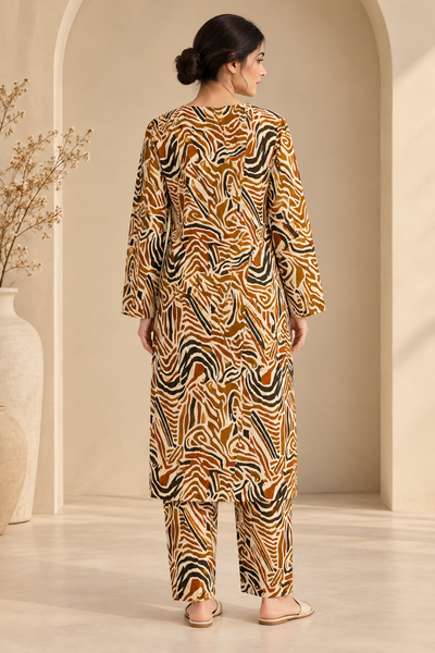 Caramel Zebra Print Khaddar 2-Piece Suit with Pearl Detailing