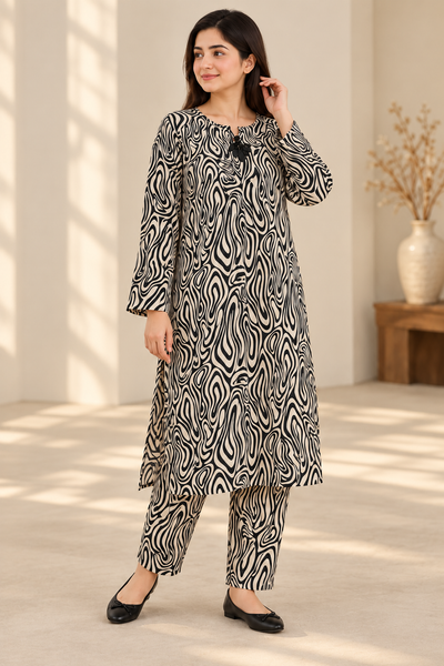 Monochrome Swirl Khaddar Two-Piece Suit
