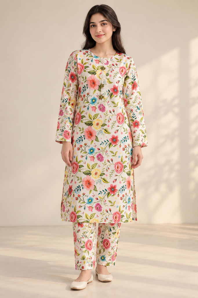 Ivory Floral Pearl-Detail Khaddar Two-Piece Suit