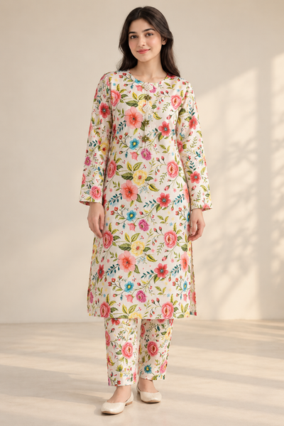 Ivory Floral Pearl-Detail Khaddar Two-Piece Suit