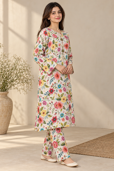 Ivory Floral Pearl-Detail Khaddar Two-Piece Suit