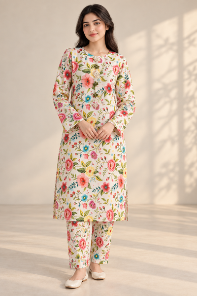 Ivory Floral Pearl-Detail Khaddar Two-Piece Suit