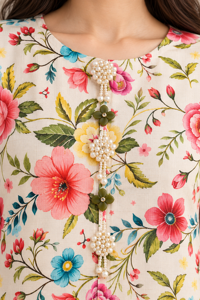 Ivory Floral Pearl-Detail Khaddar Two-Piece Suit