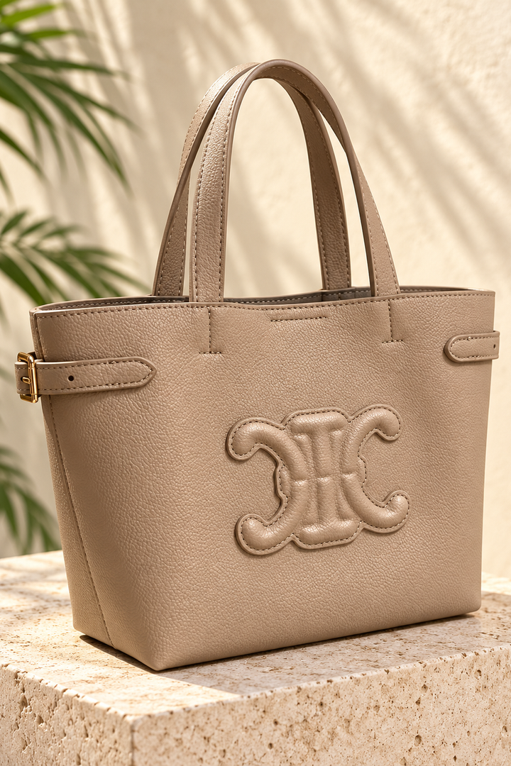 Taupe Beige Textured Emblem Tote Bag