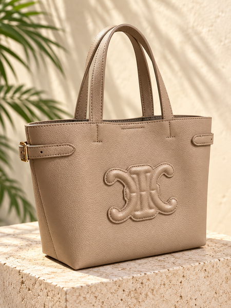 Taupe Beige Textured Emblem Tote Bag