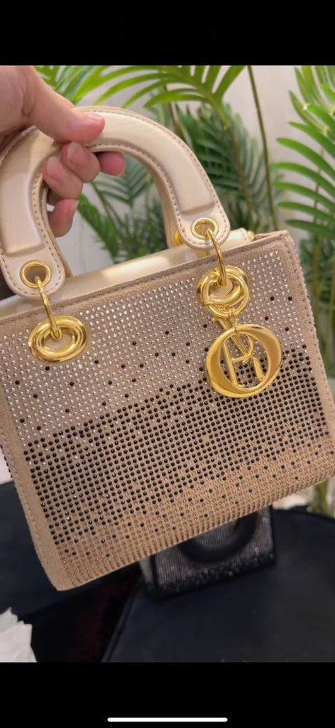 Champagne Beige Rhinestone Top Handle Handbag