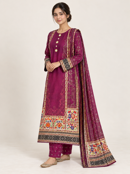 Plum Floral Silk Khaddar 3-Piece Suit with Mirror Buttons