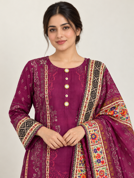 Plum Floral Silk Khaddar 3-Piece Suit with Mirror Buttons