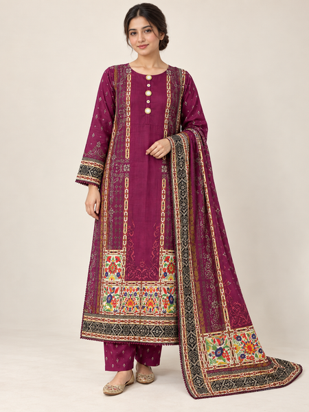 Plum Floral Silk Khaddar 3-Piece Suit with Mirror Buttons