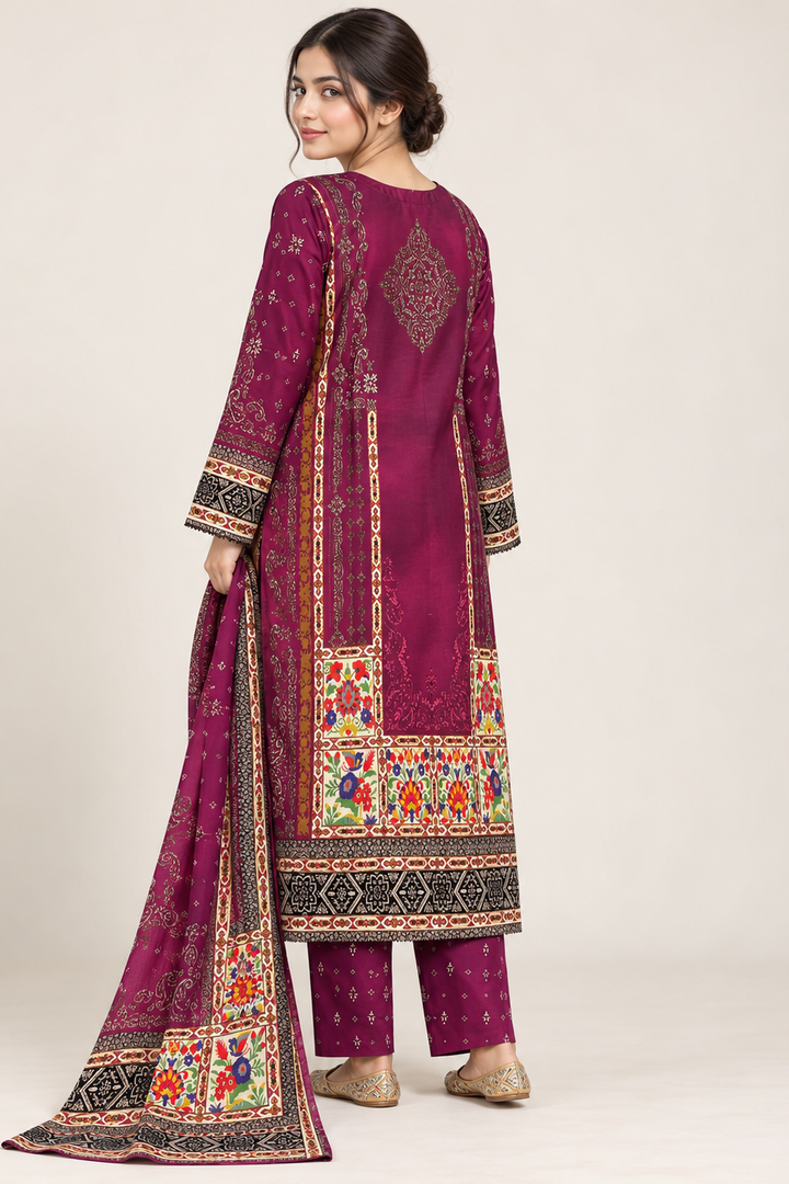 Plum Floral Silk Khaddar 3-Piece Suit with Mirror Buttons