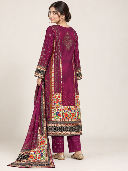 Plum Floral Silk Khaddar 3-Piece Suit with Mirror Buttons