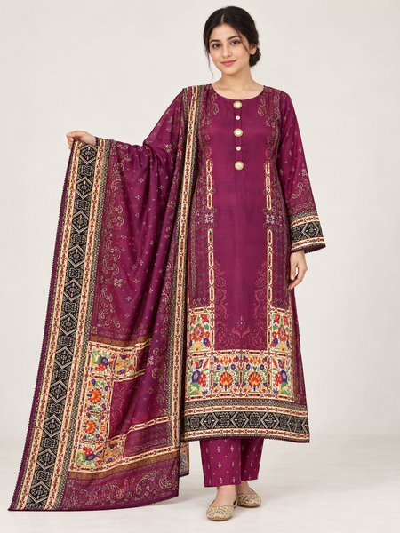Plum Floral Silk Khaddar 3-Piece Suit with Mirror Buttons