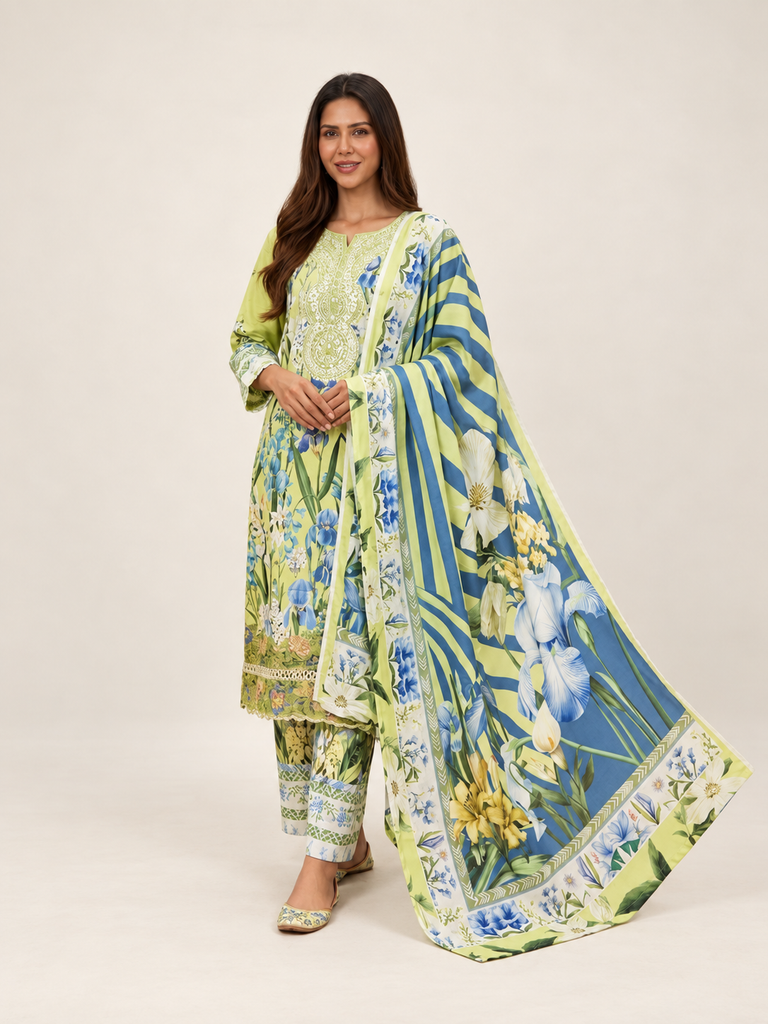 Lime Green Floral 3-Piece Khaddar Suit with Shawl