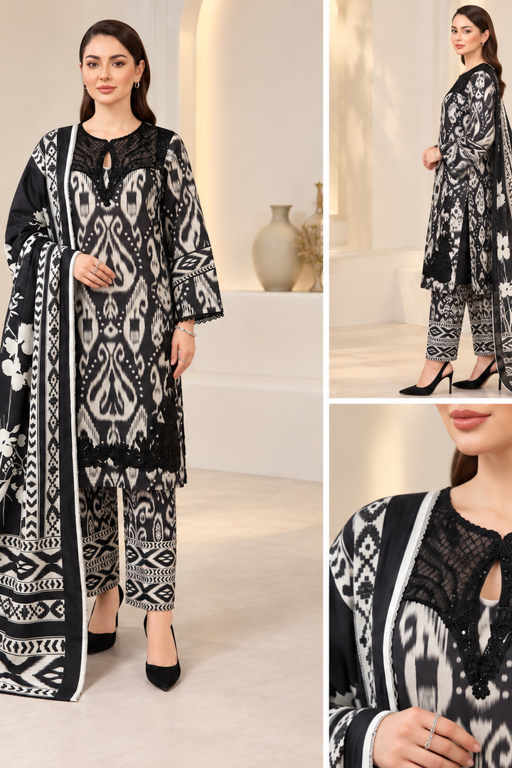 Monochrome Elegance – Black & White 3 Piece Suit khadar