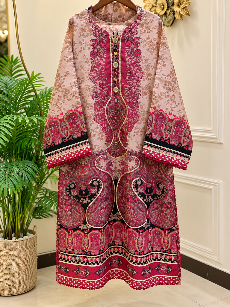 Premium Beige & Magenta Khaddar Silk 3-Piece Suit