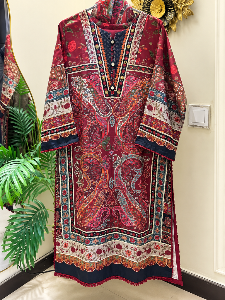 Premium Maroon Multicolor Khaddar Silk 3-Piece Suit – 47” Length