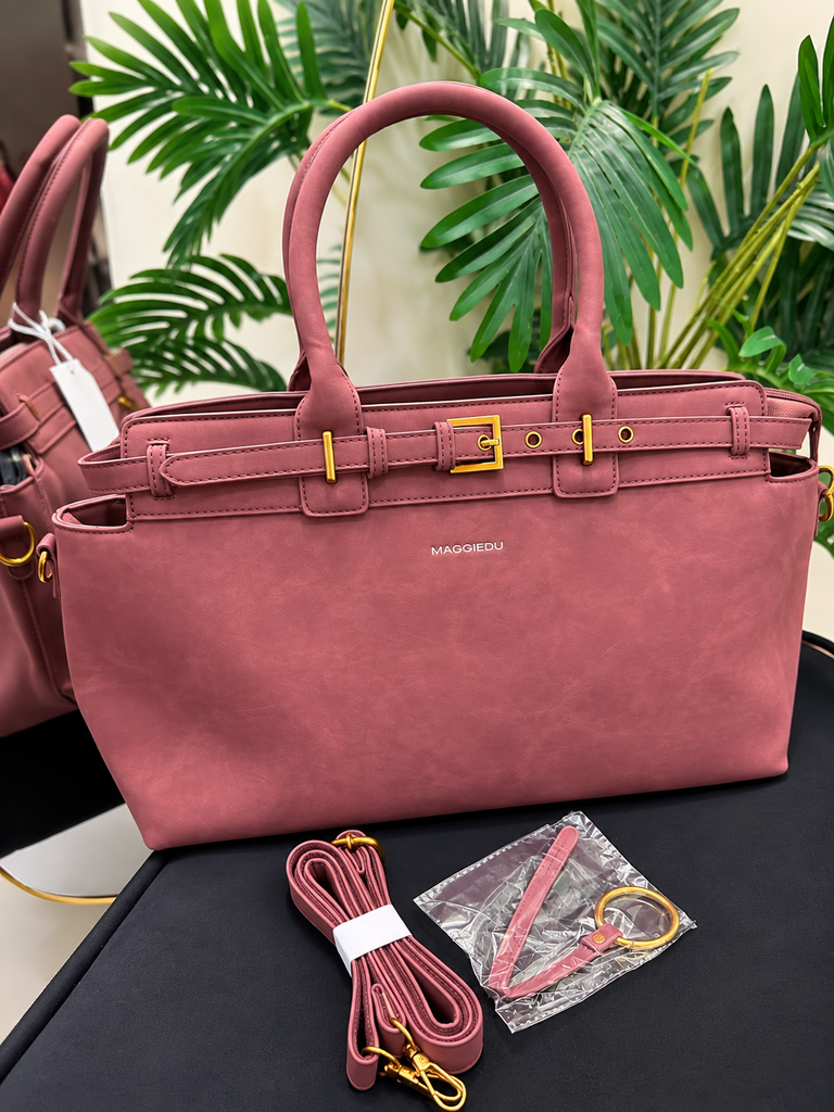 Maggiedu Dusty Rose Suede Structured Handbag with Gold Buckle