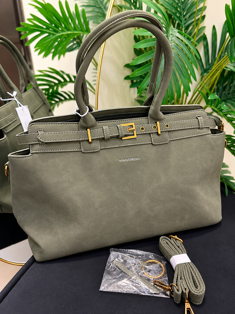Maggiedu Olive Grey Suede Structured Handbag with Gold Buckle