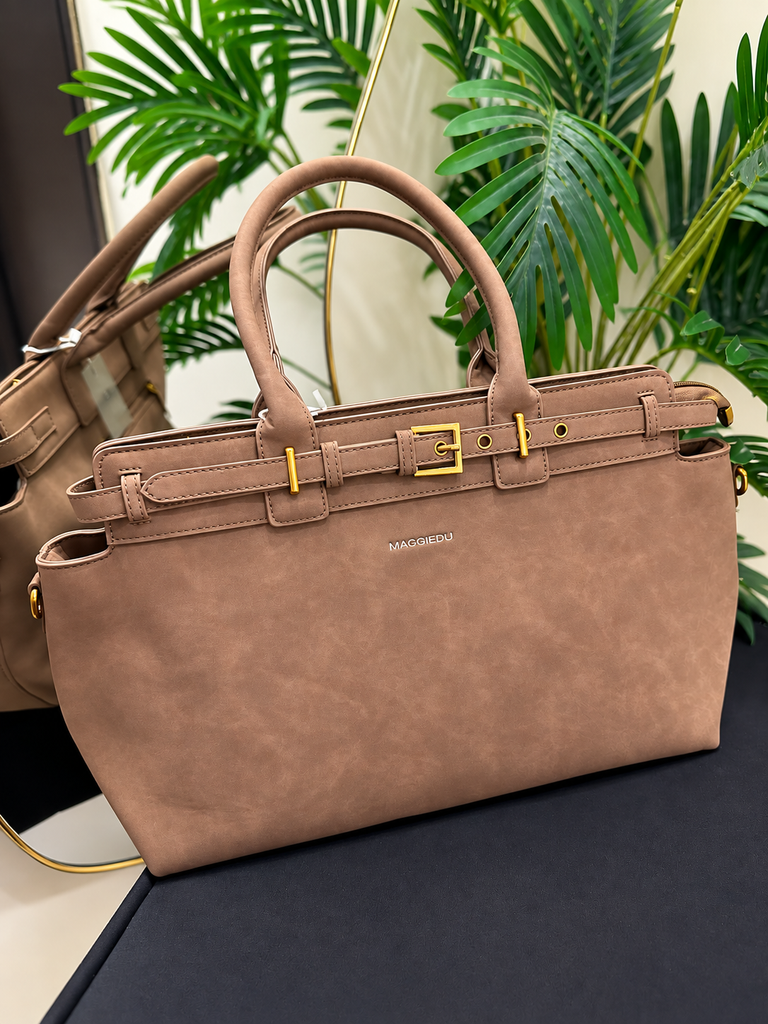 Maggiedu Taupe Suede Structured Handbag with Gold Buckle