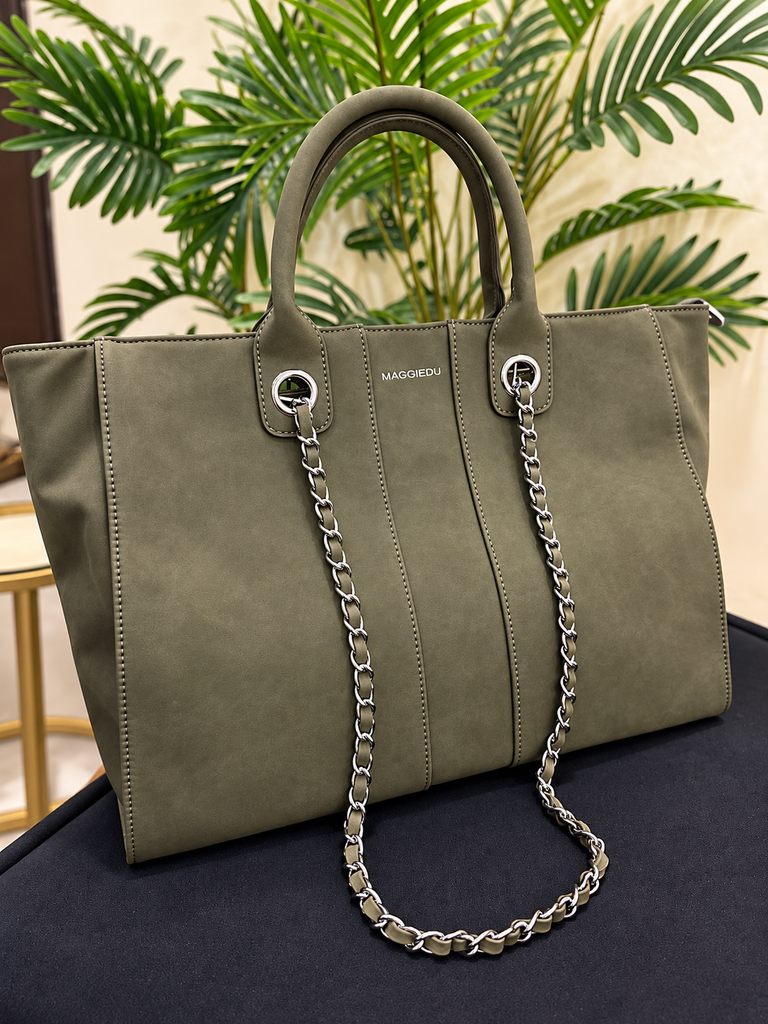 MAGGIEDU Premium Olive Green Chain Detail Tote Handbag