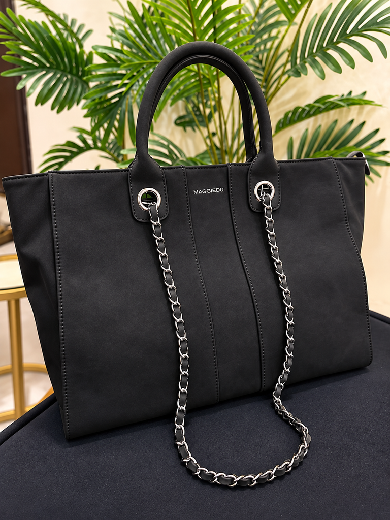 MAGGIEDU Premium Black Chain Detail Tote Handbag