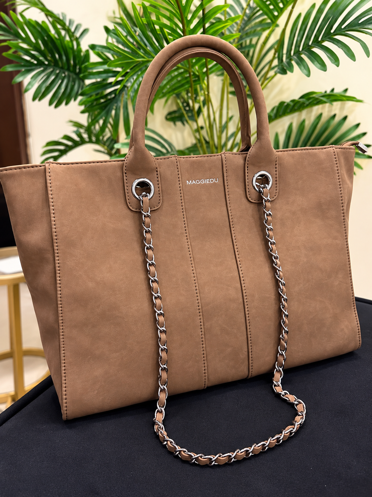MAGGIEDU Premium Camel Brown Chain Detail Tote Handbag