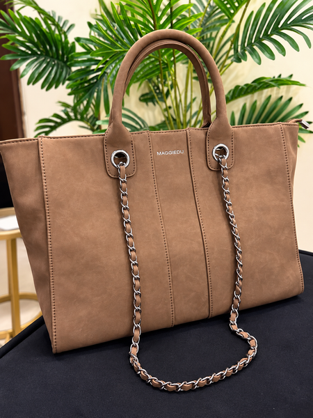 MAGGIEDU Premium Camel Brown Chain Detail Tote Handbag