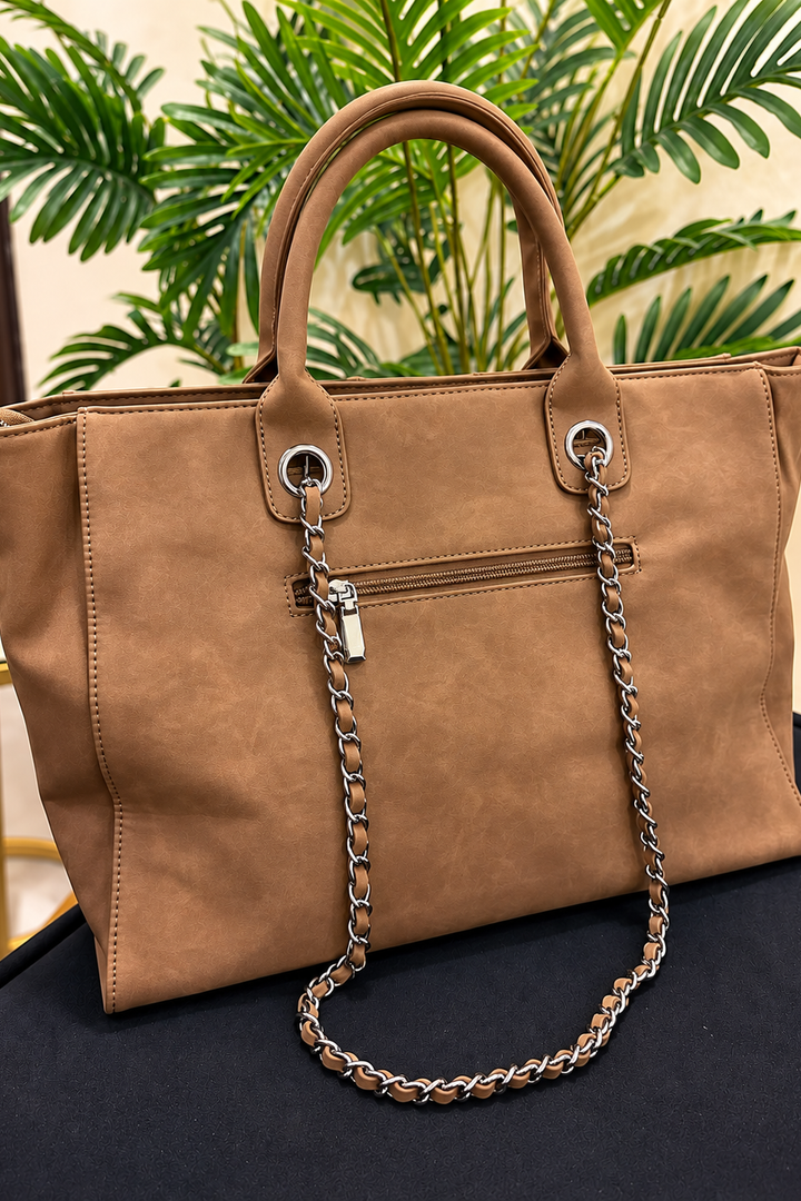 MAGGIEDU Premium Camel Brown Chain Detail Tote Handbag