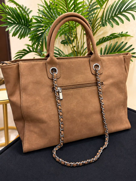 MAGGIEDU Premium Camel Brown Chain Detail Tote Handbag