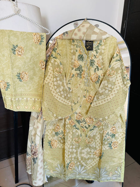 Olive Green 3 Piece Lawn Suit | Embroidered Neck & Printed Dupatta