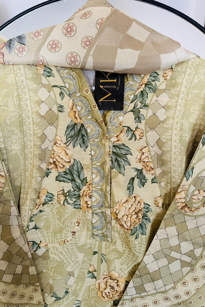 Olive Green 3 Piece Lawn Suit | Embroidered Neck & Printed Dupatta