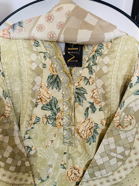 Olive Green 3 Piece Lawn Suit | Embroidered Neck & Printed Dupatta