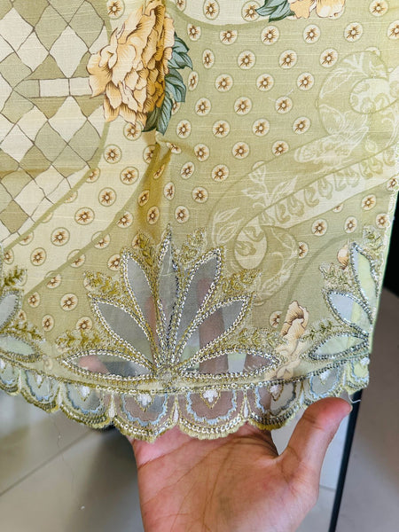 Olive Green 3 Piece Lawn Suit | Embroidered Neck & Printed Dupatta